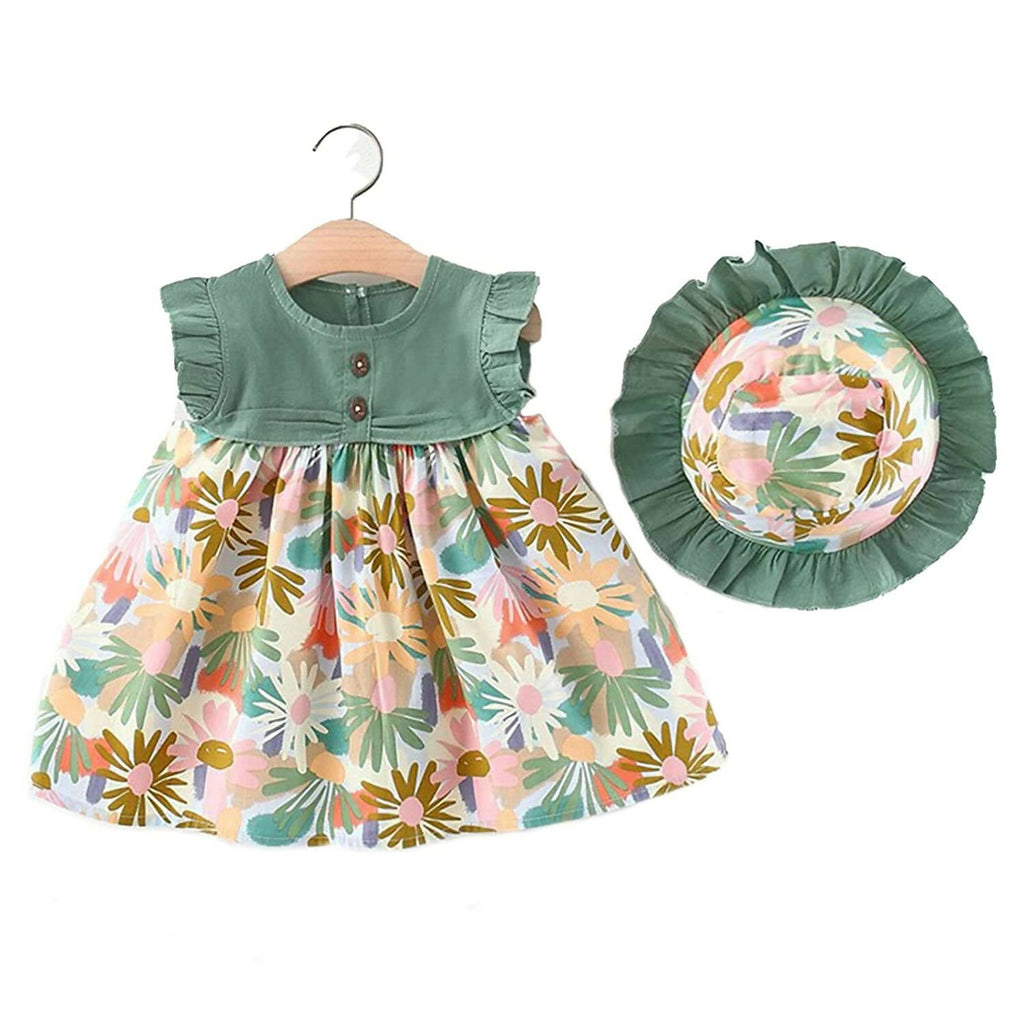Bold N Elegant Cotton Floral Printed Ruffle Sleeve Princess Dress Frock With Fabric Hat Cap - Green | Grocsy