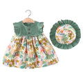Bold N Elegant Cotton Floral Printed Ruffle Sleeve Princess Dress Frock With Fabric Hat Cap - Green | Grocsy