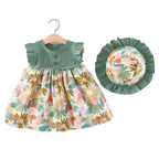 Bold N Elegant Cotton Floral Printed Ruffle Sleeve Princess Dress Frock With Fabric Hat Cap - Green | Grocsy