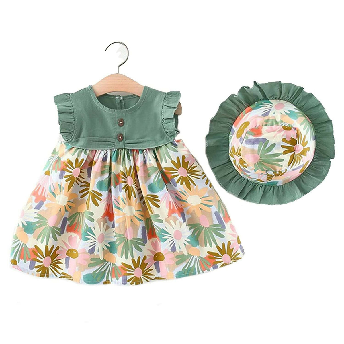 Bold N Elegant Cotton Floral Printed Ruffle Sleeve Princess Dress Frock With Fabric Hat Cap - Green | Grocsy