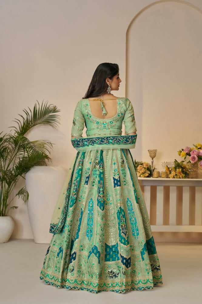 Kesar Fab Green Banarasi Silk Embroidered Lehenga | Grocsy