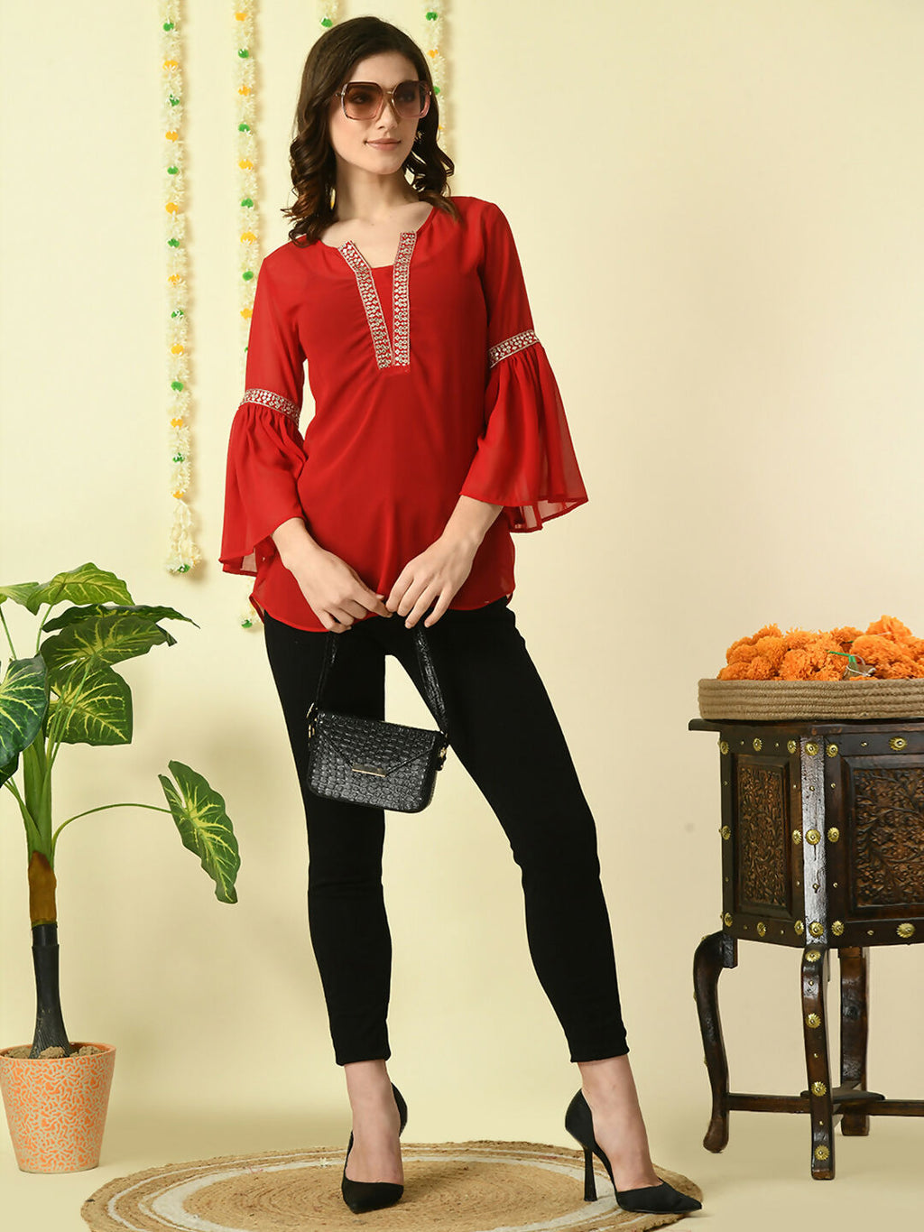 Myshka Women's Red Embroidered Party Fusion Top | Grocsy