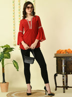 Myshka Women's Red Embroidered Party Fusion Top | Grocsy