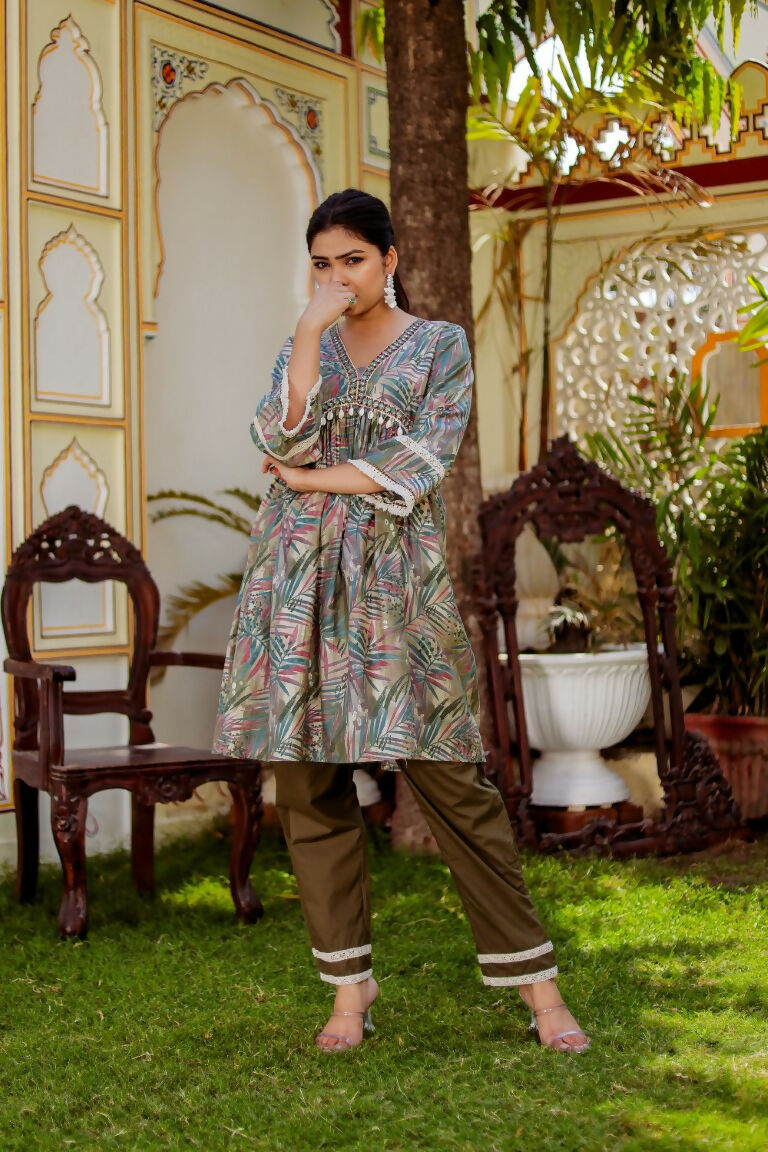 Vaasva Women Olive Green Muslin Floral Print Alia cut Kurta & Pant (Cord set) | Grocsy