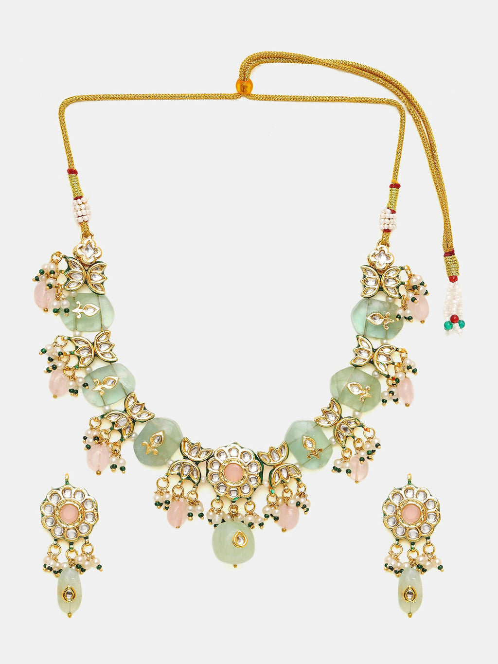Ruby Raang Gold Polished Green Kundan And Mint Colored Stonework Necklace With Matching Earrings | Grocsy