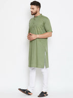 Even Apparels Green Color Pure Cotton Men's Kurta With Band Collar | Grocsy
