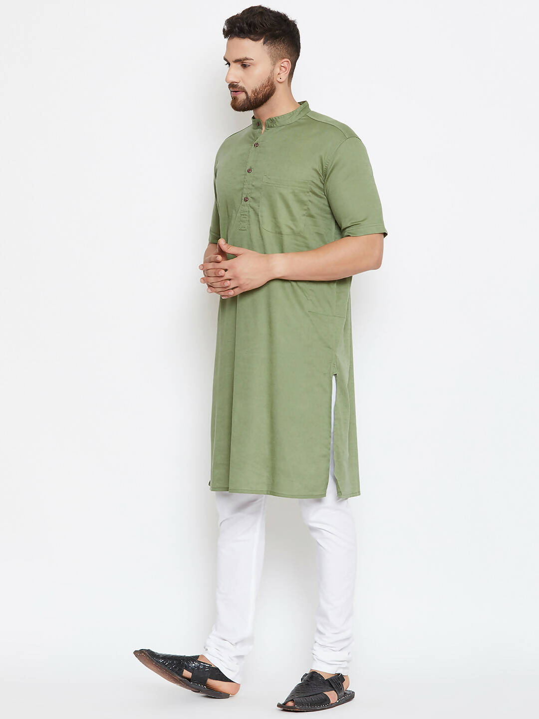 Even Apparels Green Color Pure Cotton Men's Kurta With Band Collar | Grocsy