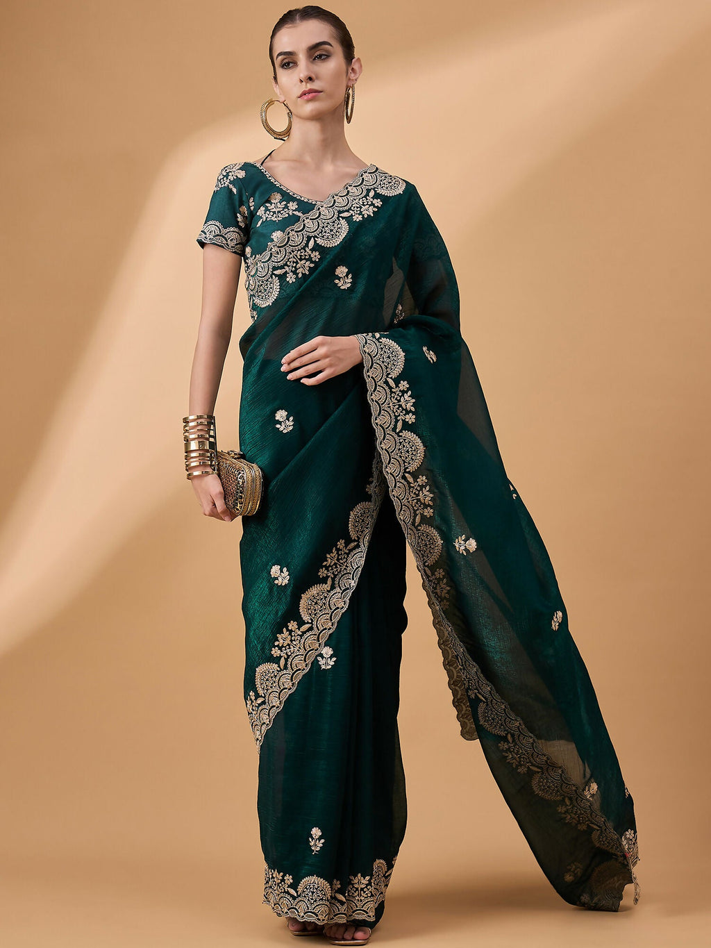 Teal Silk Embroidered Saree with Unstitched Blouse Piece - Satya | Grocsy