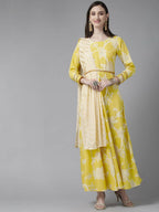 Ahalyaa Womens Lemmon Yellow Crepe Digital Printed Drapped Dress | Grocsy