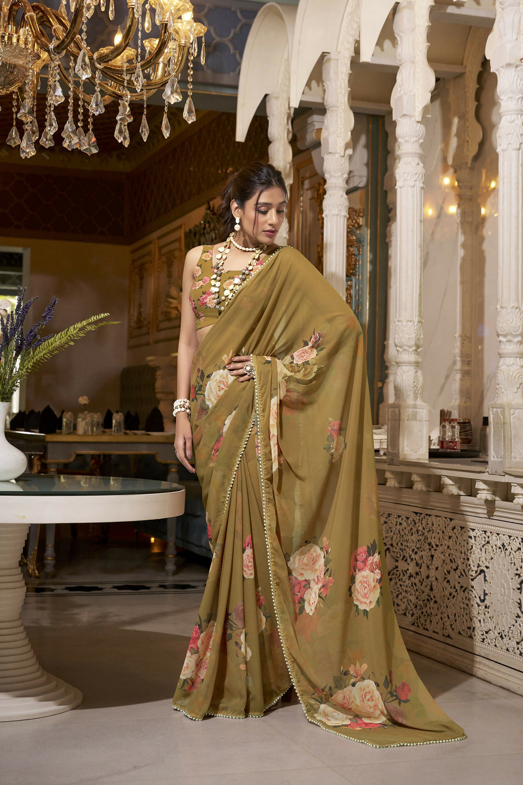 Vastranavya Brown Spectacular Georgette Printed with Pearl Lace Saree with Unstitched Blouse | Grocsy