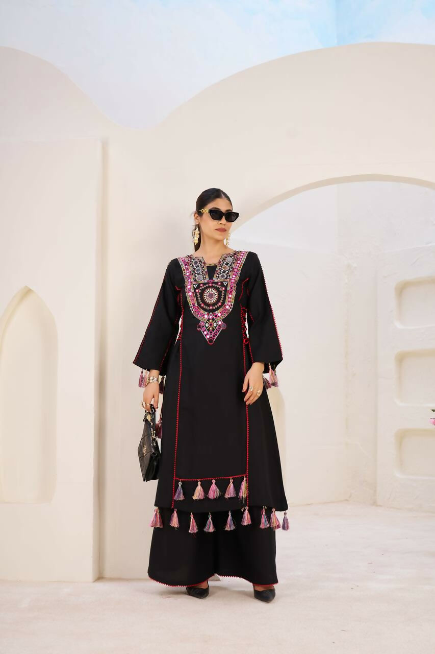 The52 Women's Gorgeous Rayon Fabric Thread Work Straight Kurta Palazzo Set | Grocsy