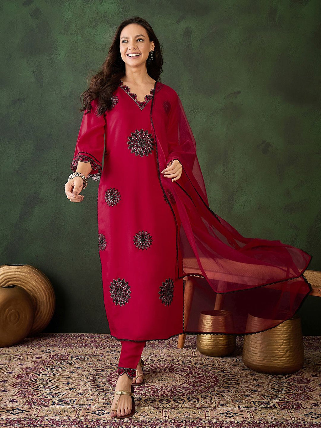 Sangria Zari Sequence Embroidered Kurta & Trouser With Dupatta | Grocsy