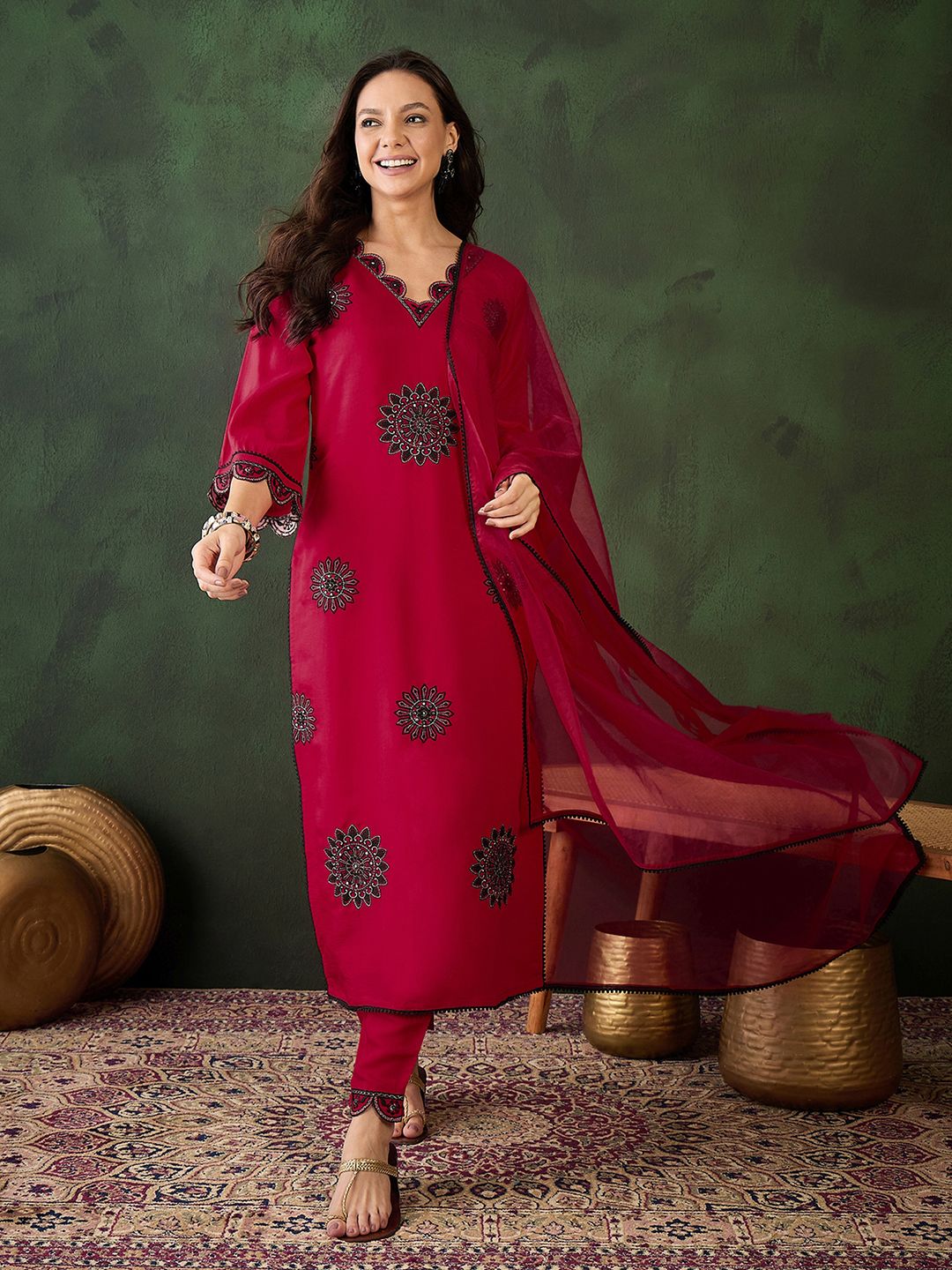 Sangria Zari Sequence Embroidered Kurta & Trouser With Dupatta | Grocsy