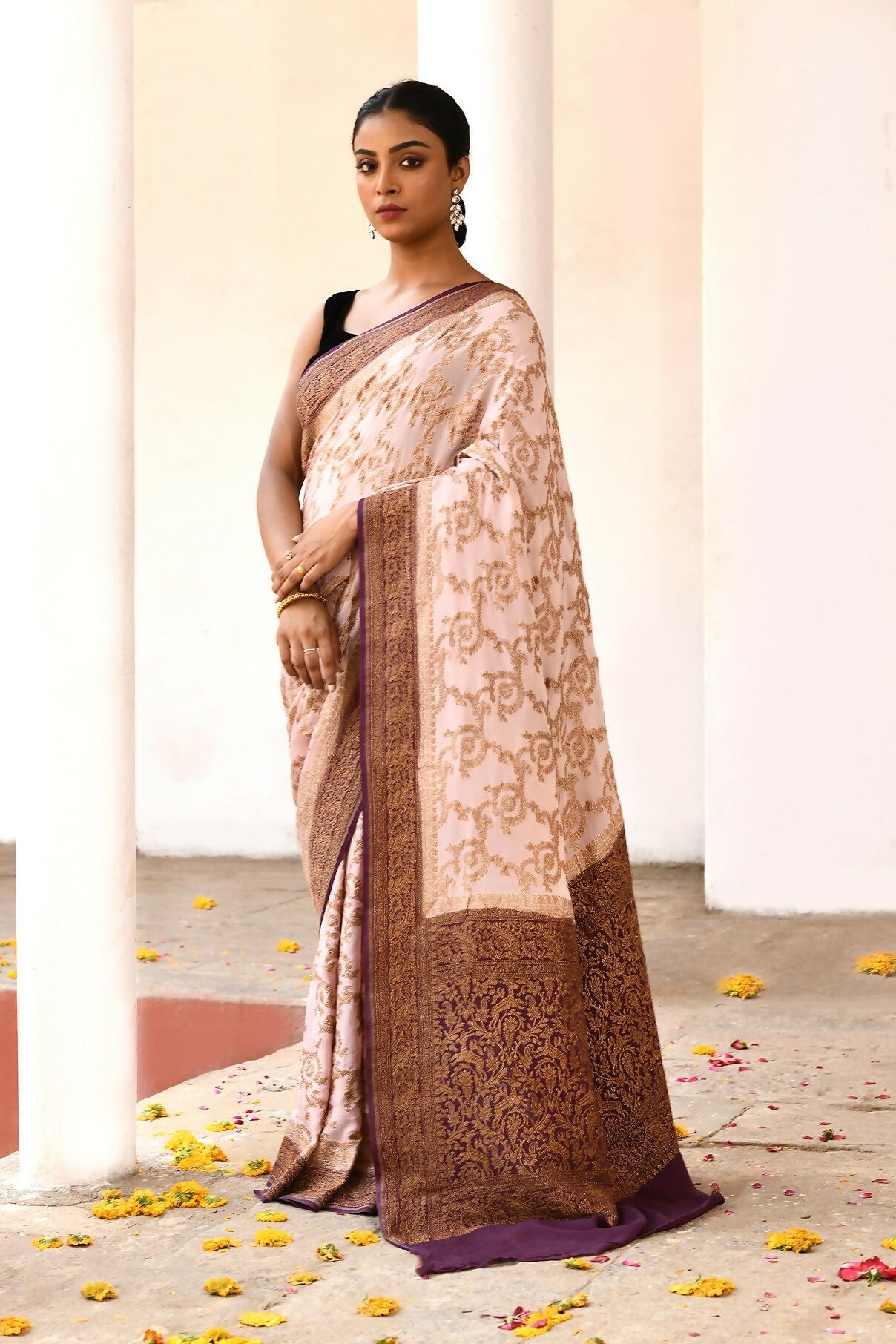 Joban Fashion Ivory Crepe Chiffon Pure Handloom Banarasi Silk Saree | Grocsy