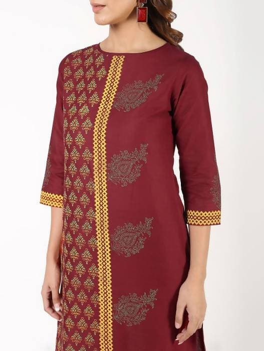Aniyah Cotton Block Printed Maroon Straight Kurta (AN-141K) | Grocsy