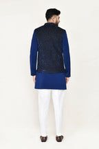 Joban Fashion Blue Colored Imported Jacquard Fabric Open Jacket, Indo Western With Straight Fit Pant | Grocsy