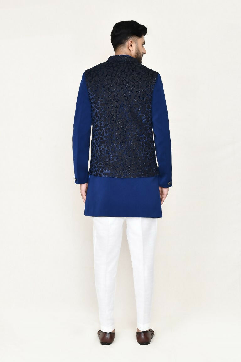 Joban Fashion Blue Colored Imported Jacquard Fabric Open Jacket, Indo Western With Straight Fit Pant | Grocsy