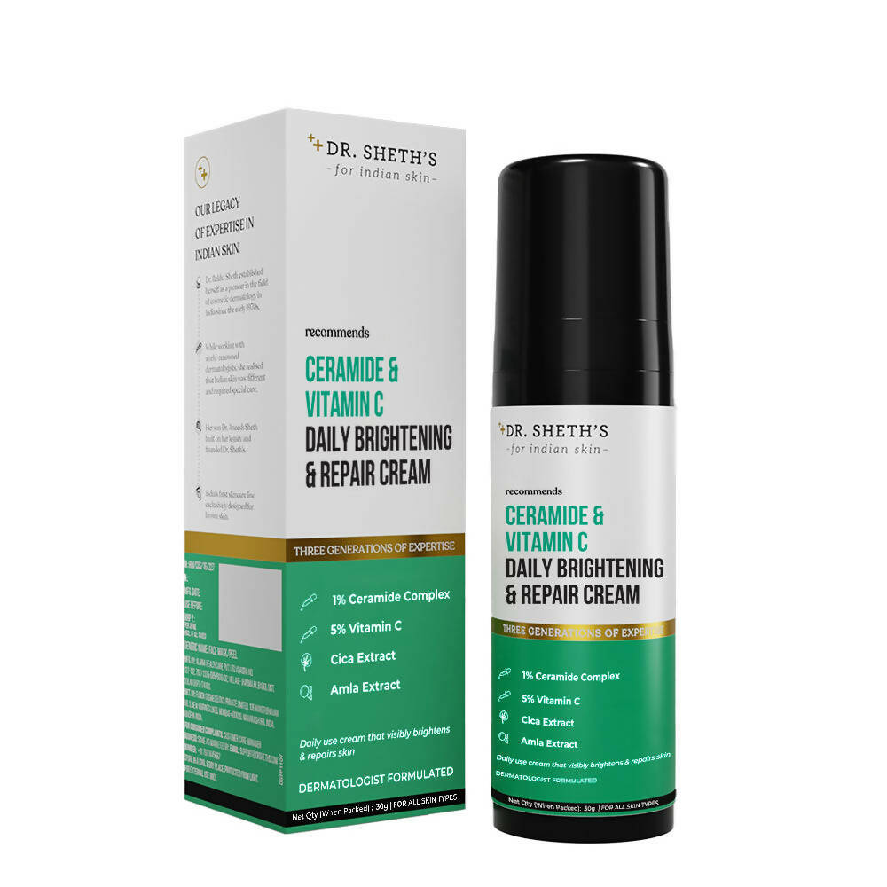 Dr. Sheth's Ceramide & Vitamin C Daily Brightening & Repair Face Cream With 5% Vitamin C, Cica & Amla, Brightens & Repairs Skin - Limited Time Offer | Grocsy