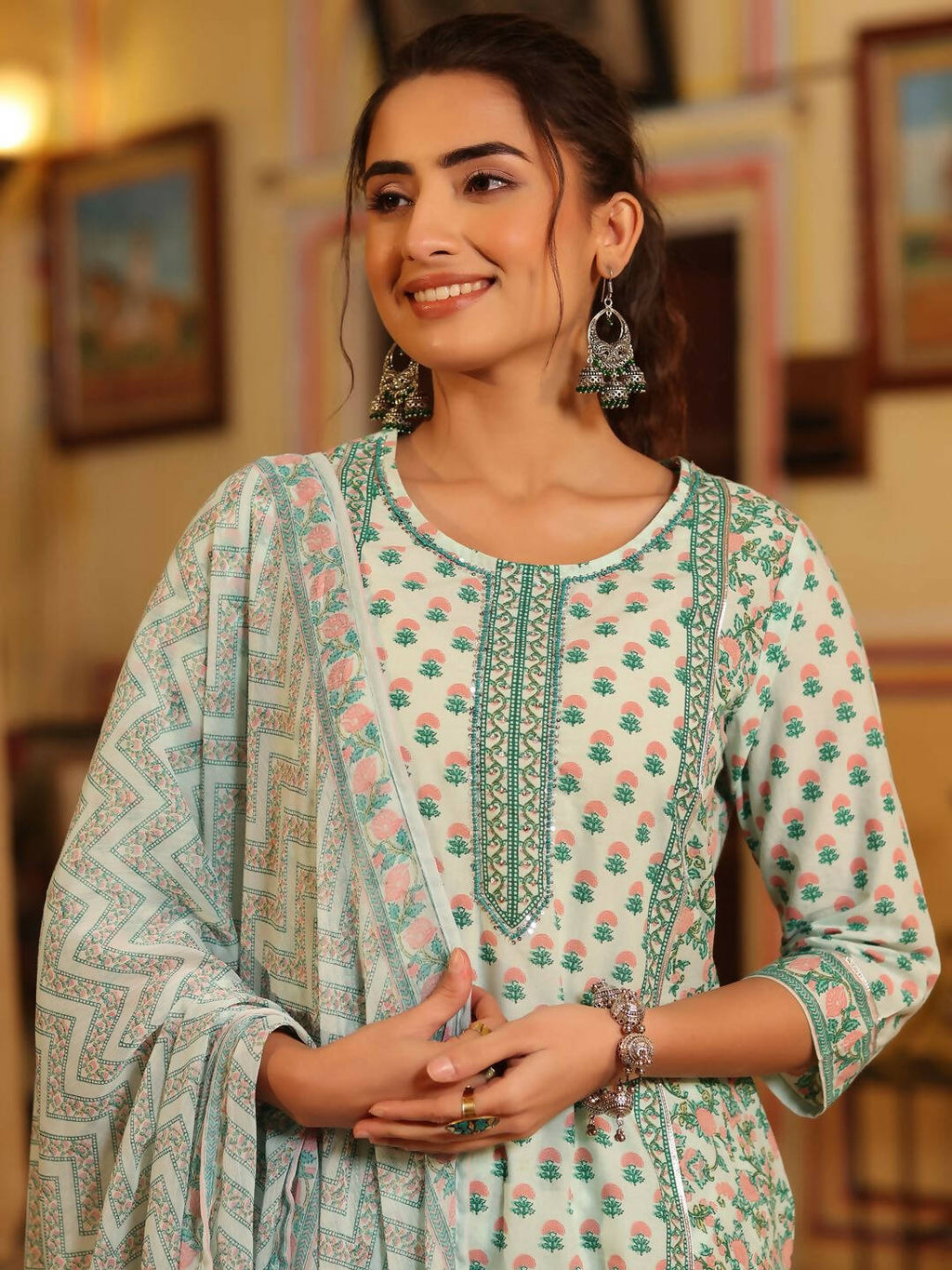 Juniper Women's Seagreen Cambric Floral Printed Kurta Palazzo Set | Grocsy