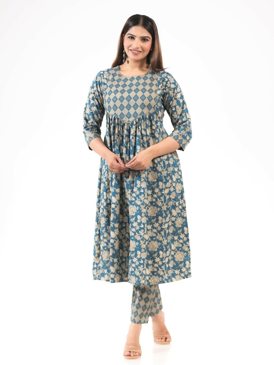 Aramya Blue Soft Cotton Gold foil Print A-line Kurta Set for Women | Grocsy