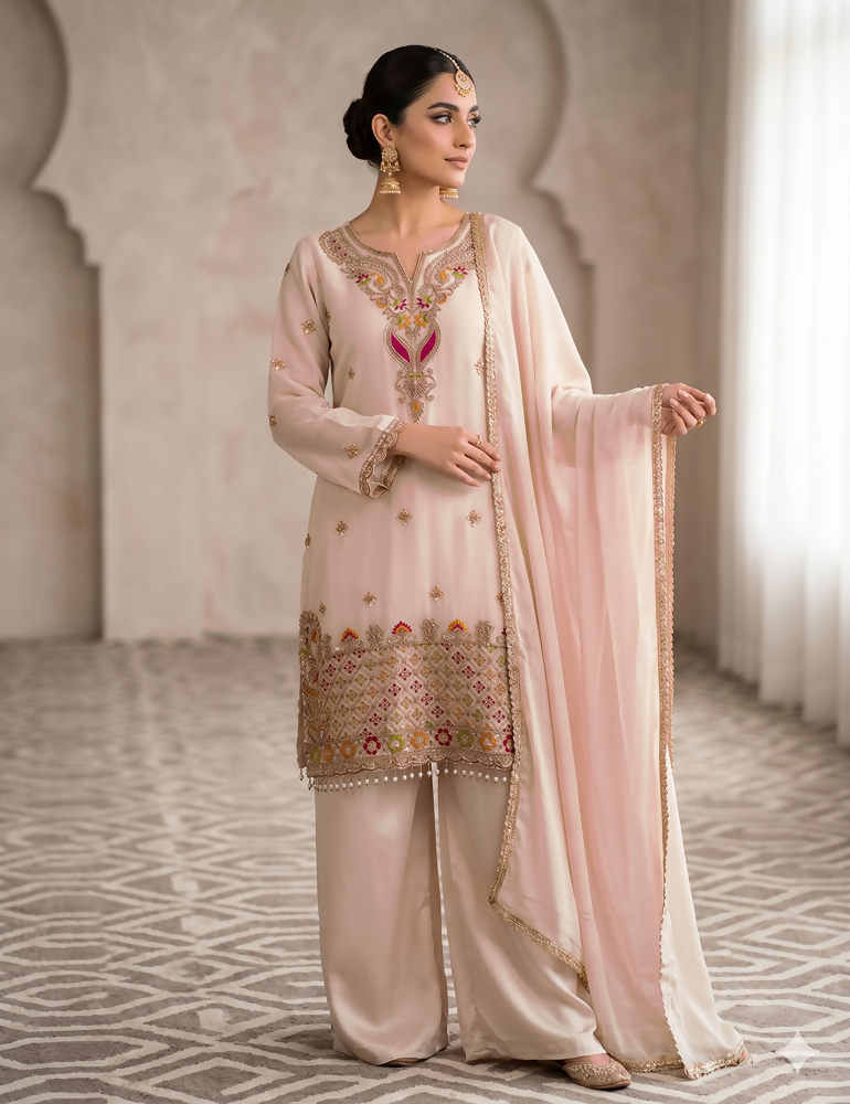Teeya Creation Designer Baby Pink Festive Palazzo Suit Set with Heavy Embroidery | Grocsy