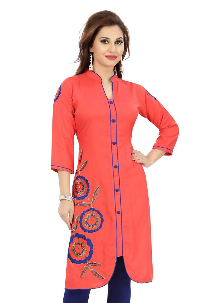 Snehal Creations Teasing Tomato Red Designer Embroidery Tunic | Grocsy