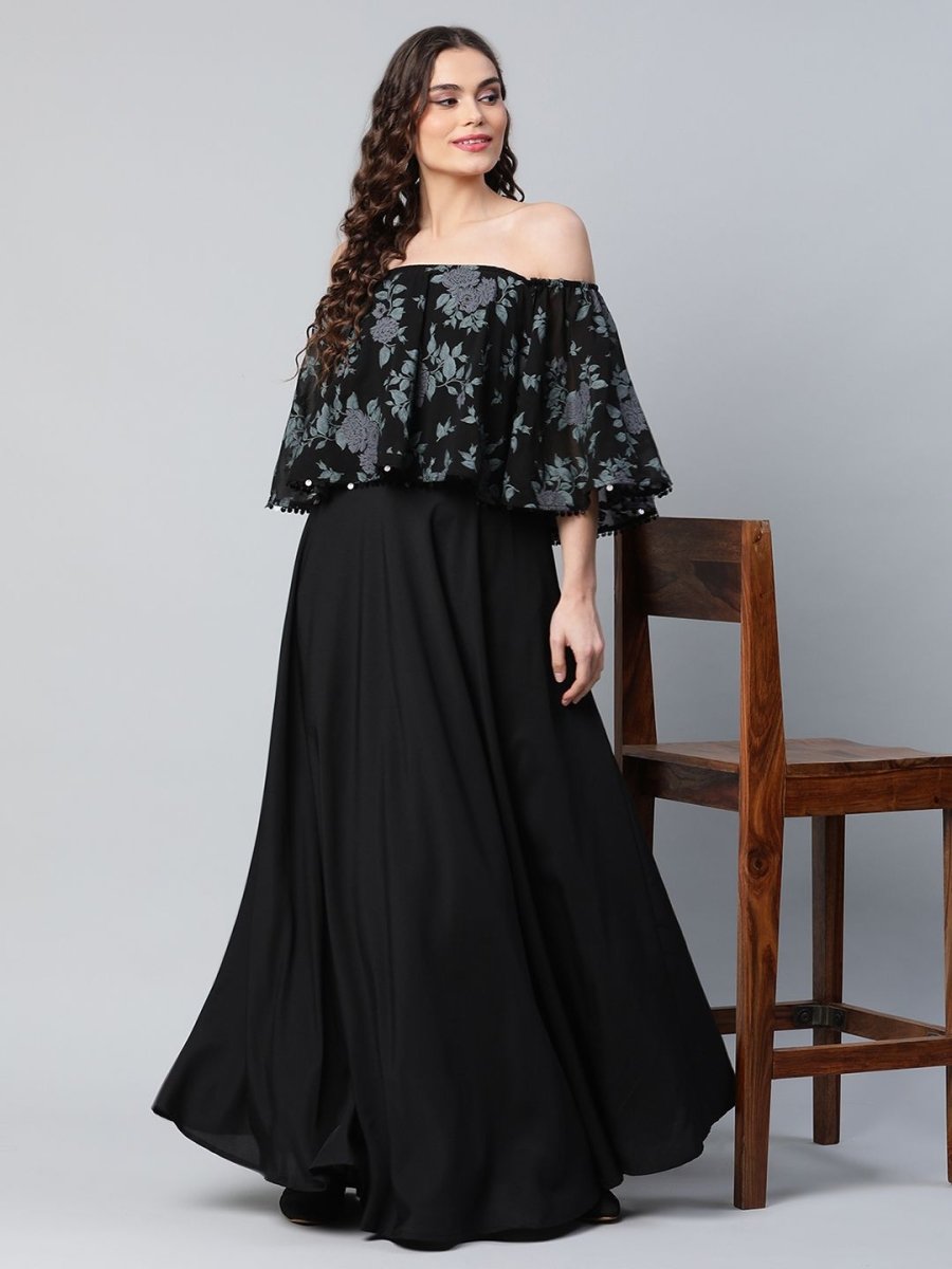 Ahalyaa Women Crepe Printed Black Dress | Grocsy