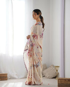 Peach Chinon Designer Digital Printed & Mirror Cut Work Saree - Kriti | Grocsy