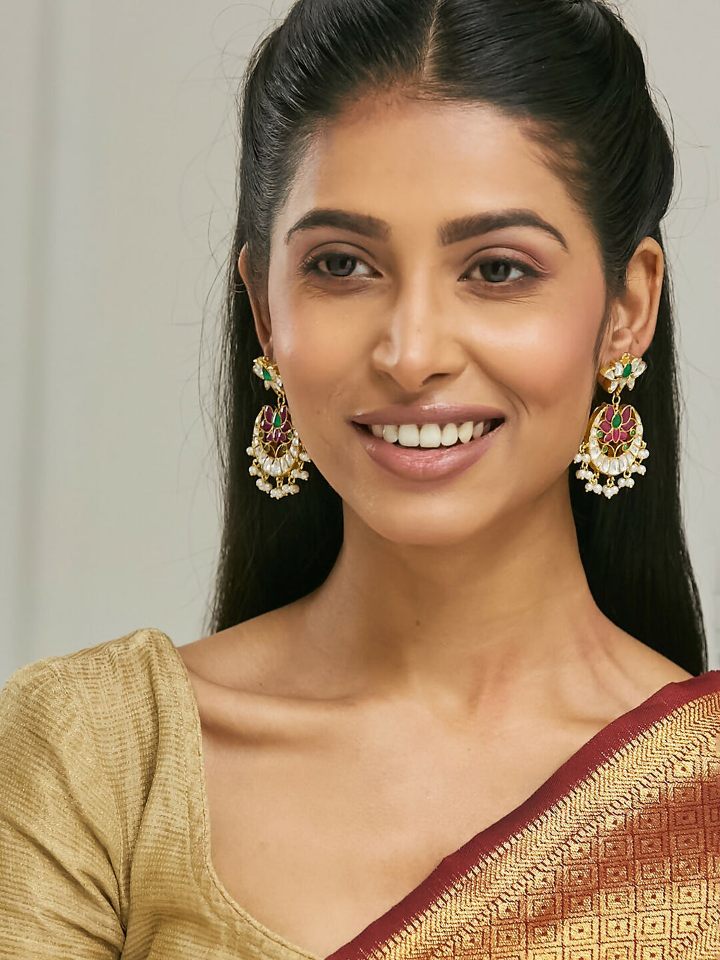 Nuyug 22K Gold-Plated Exquisite Kundan Stone Studded & Pearl Beaded Floral Traditional Chandbalis | Grocsy