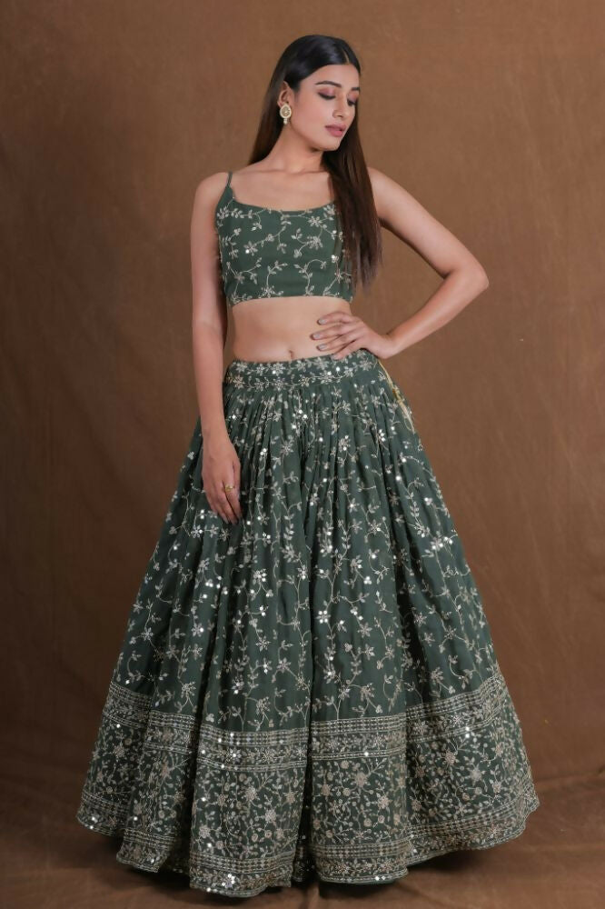 Green Georgette Zari,Sequence Embroidery Work Lehenga Choli - Jihu Culture | Grocsy