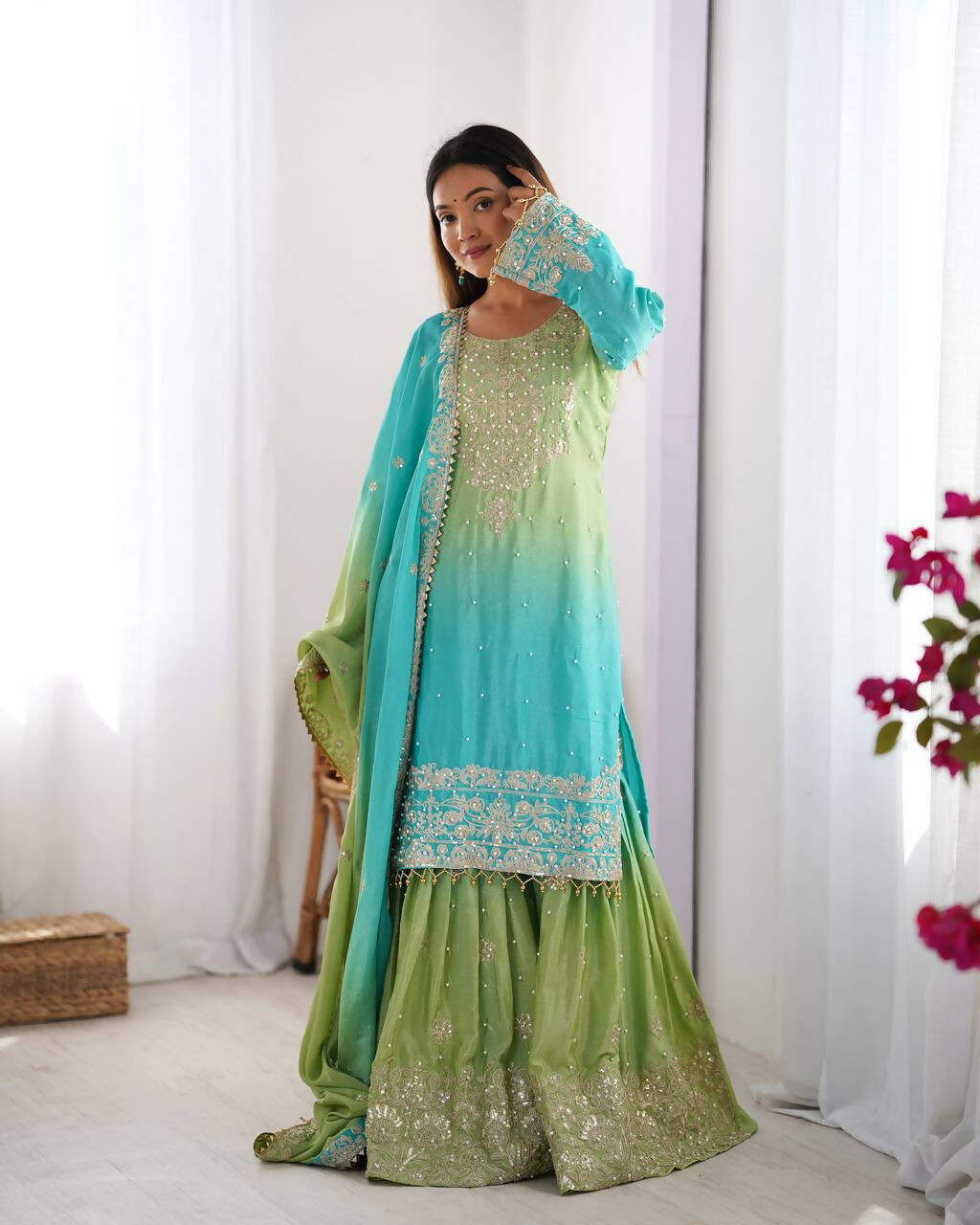 The52 Women's Beautiful Chinon silk Fabric Embroidery Work Straight Kurta Palazzo and Dupatta Set | Grocsy