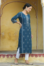 Juniper Women's Blue Rayon Staple Printed Straight Kurta | Grocsy