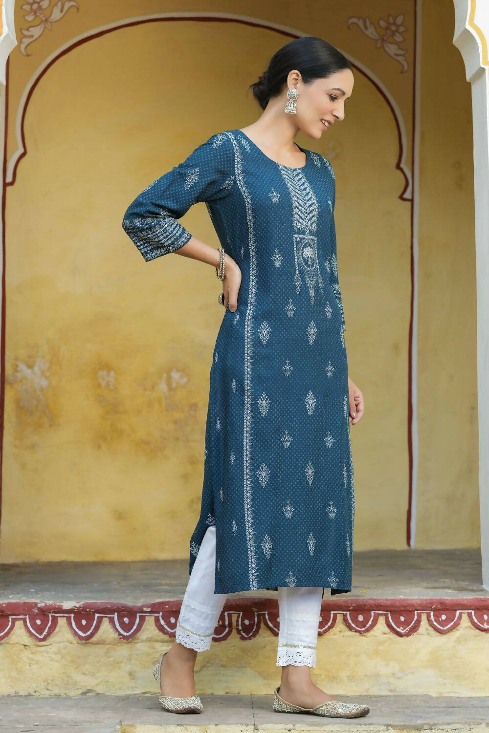 Juniper Women's Blue Rayon Staple Printed Straight Kurta | Grocsy