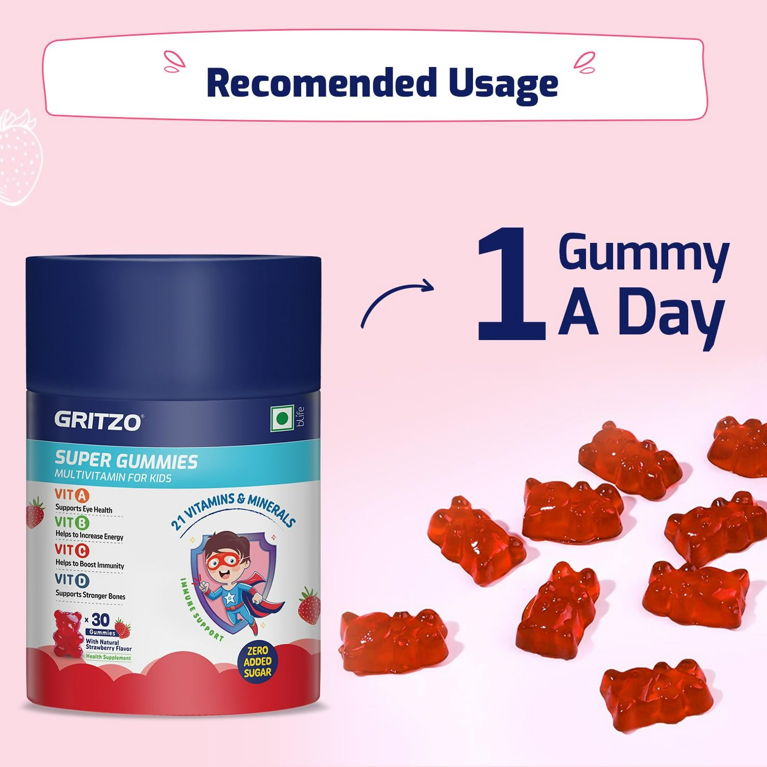 Gritzo SuperMilk Growth+ (Formerly Height+) (2-6y Boy & Girl) (Double Chocolate ) with Super Gummies (Strawberry) | Grocsy