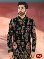 Joban Fashion Men's Blue Base ( Multi-Colour ) Straight Velvet Thread And Sequence Embroidary All Over Indo-Western Kurta Set | Grocsy