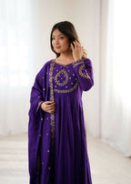 The52 Women's Beautiful Embroidery Work Roman Chanderi Silk Fabric Flared Anarkali Pant and Dupatta Set | Grocsy