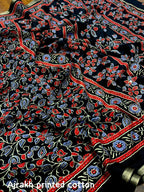 Black Cotton Blend Ajrak Saree with Unstitched Blouse - Hiral Fashion | Grocsy
