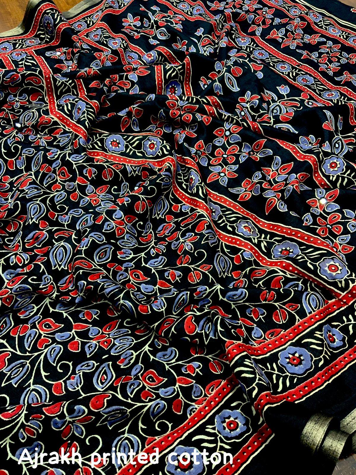 Black Cotton Blend Ajrak Saree with Unstitched Blouse - Hiral Fashion | Grocsy