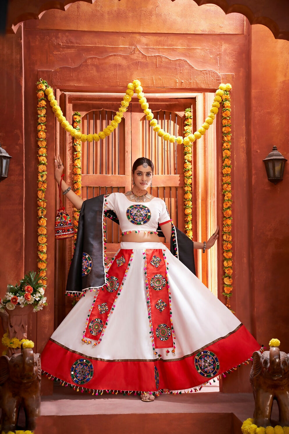 AI Fashion White Art Silk Designer Navratri Lehenga Choli Collection | Grocsy