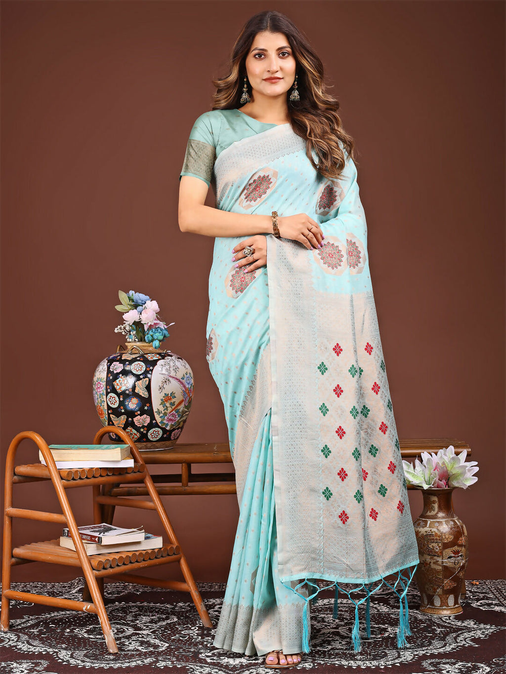 Shree Shyam Fashion Neerja Sky Blue Linen Cotton Saree | Grocsy