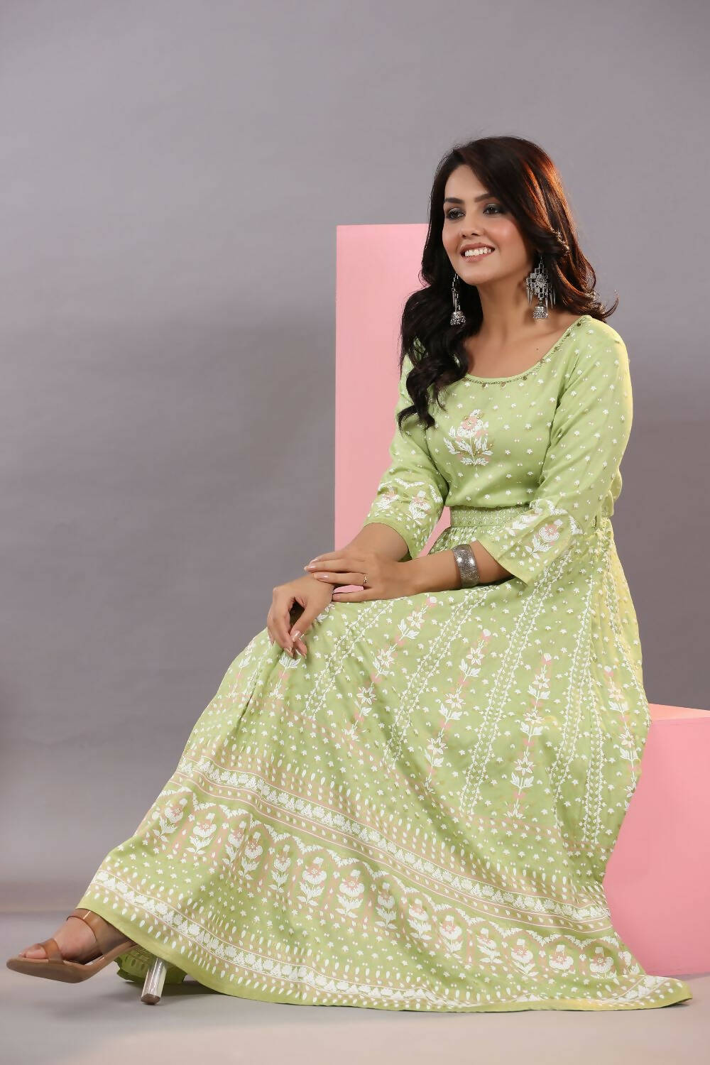 Juniper Women Green Rayon Staple Printed Maxi Dress | Grocsy
