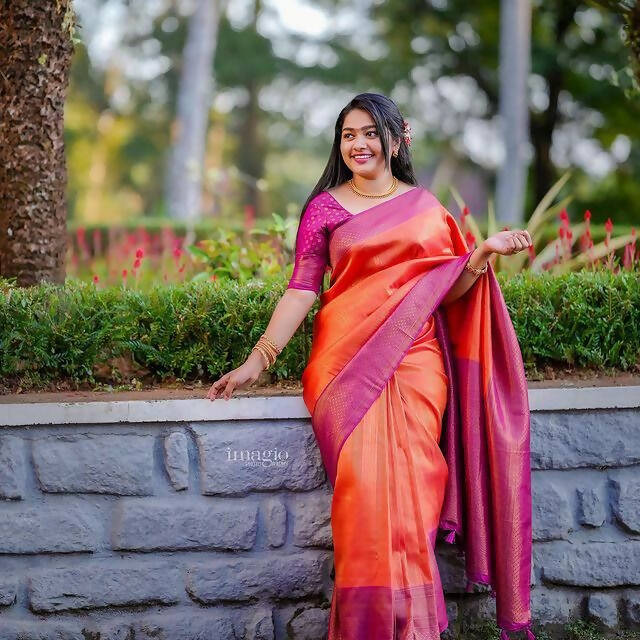 DEIANA'S Beautiful Designer Golden zari Soft Lichi Silk Saree - Orange | Grocsy