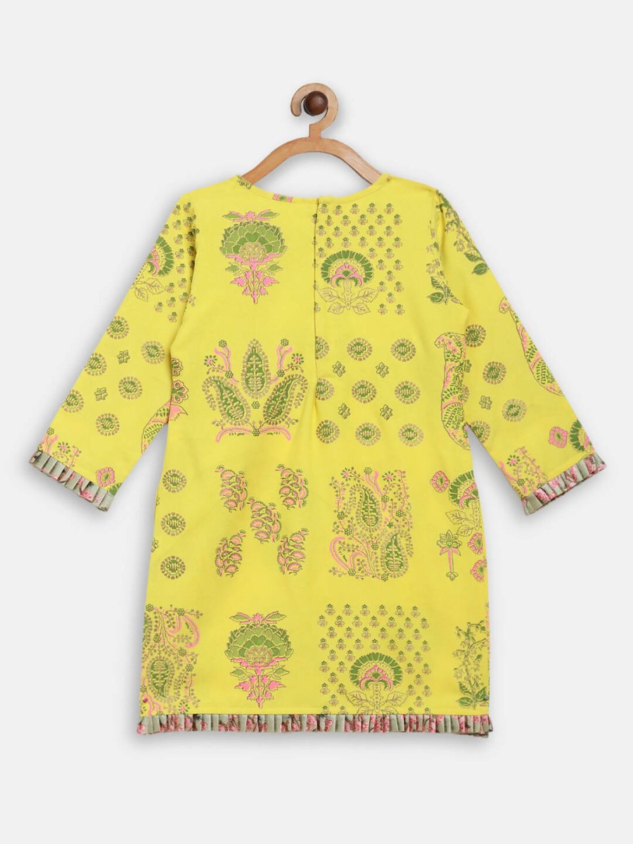 Ahalyaa Yellow Viscose Rayon Straight Kids Kurta Pants With Dupatta For Girls | Grocsy