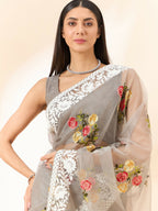Grey Organza Floral Embroidered Saree with Unstitched Blouse Piece - Roozal | Grocsy