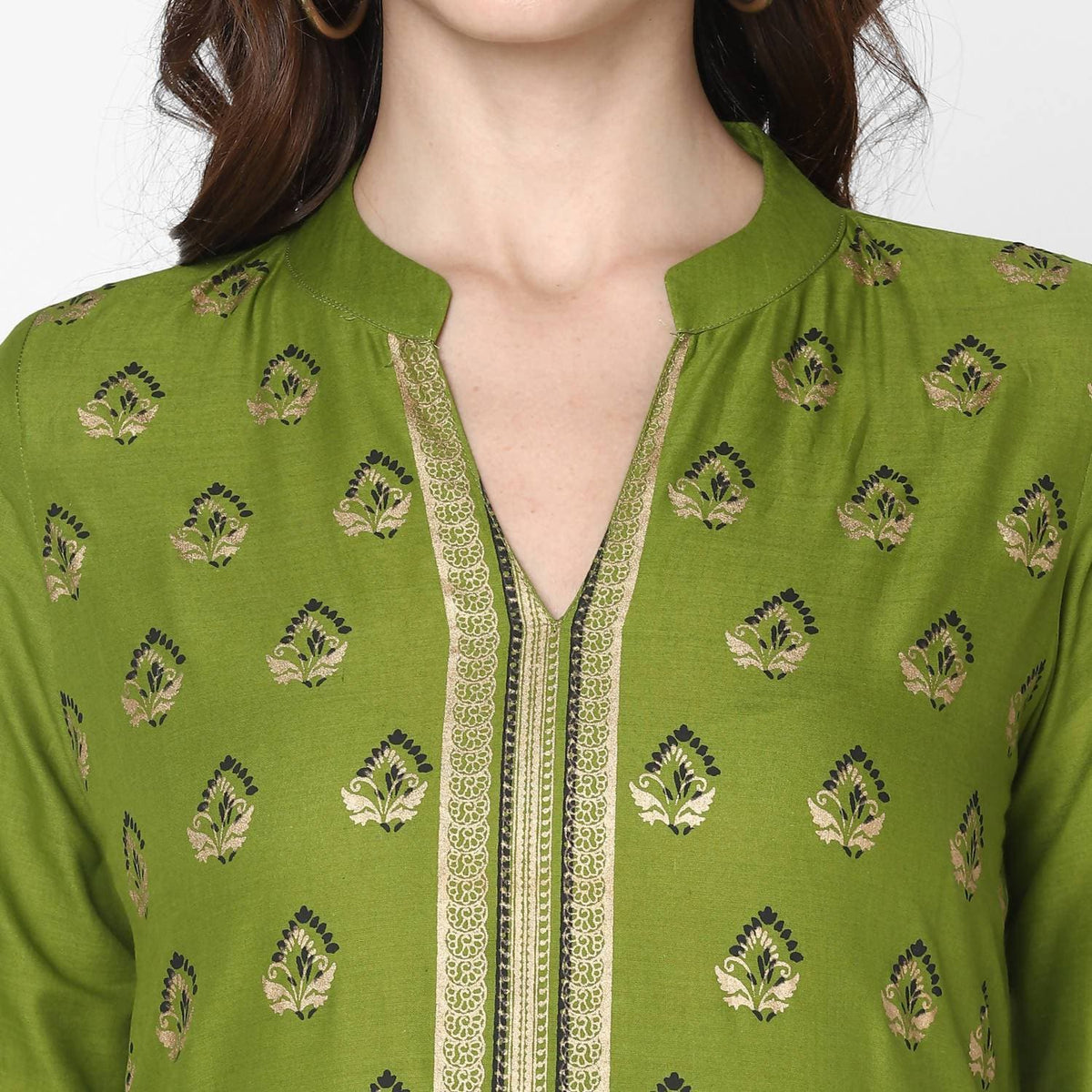 Cheera Hand Block Print Olive Green & Skin Color Straight Kurta With Palazzo (MAAI-070K) | Grocsy