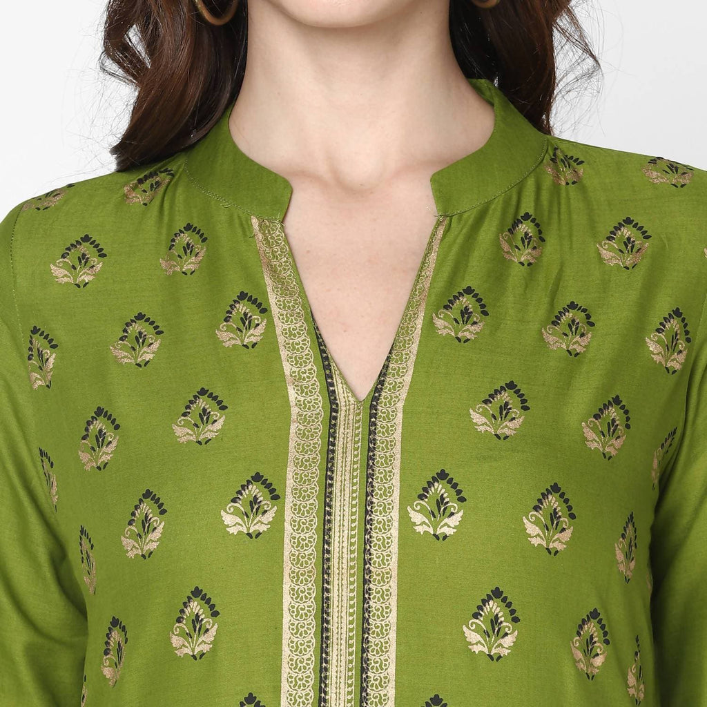 Cheera Hand Block Print Olive Green & Skin Color Straight Kurta With Palazzo (MAAI-070K) | Grocsy