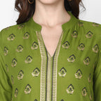 Cheera Hand Block Print Olive Green & Skin Color Straight Kurta With Palazzo (MAAI-070K) | Grocsy