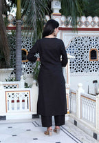 Miravan Women's Black Floral Printed Straight Kurta with Palazzo | Grocsy