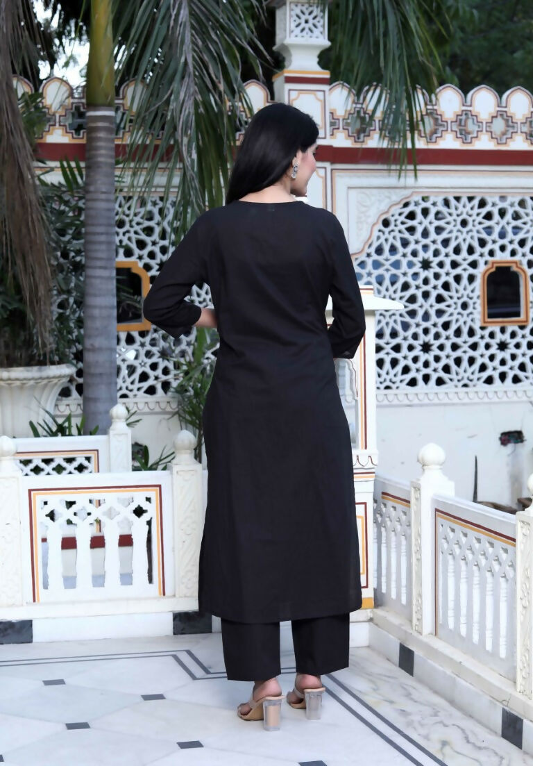 Miravan Women's Black Floral Printed Straight Kurta with Palazzo | Grocsy