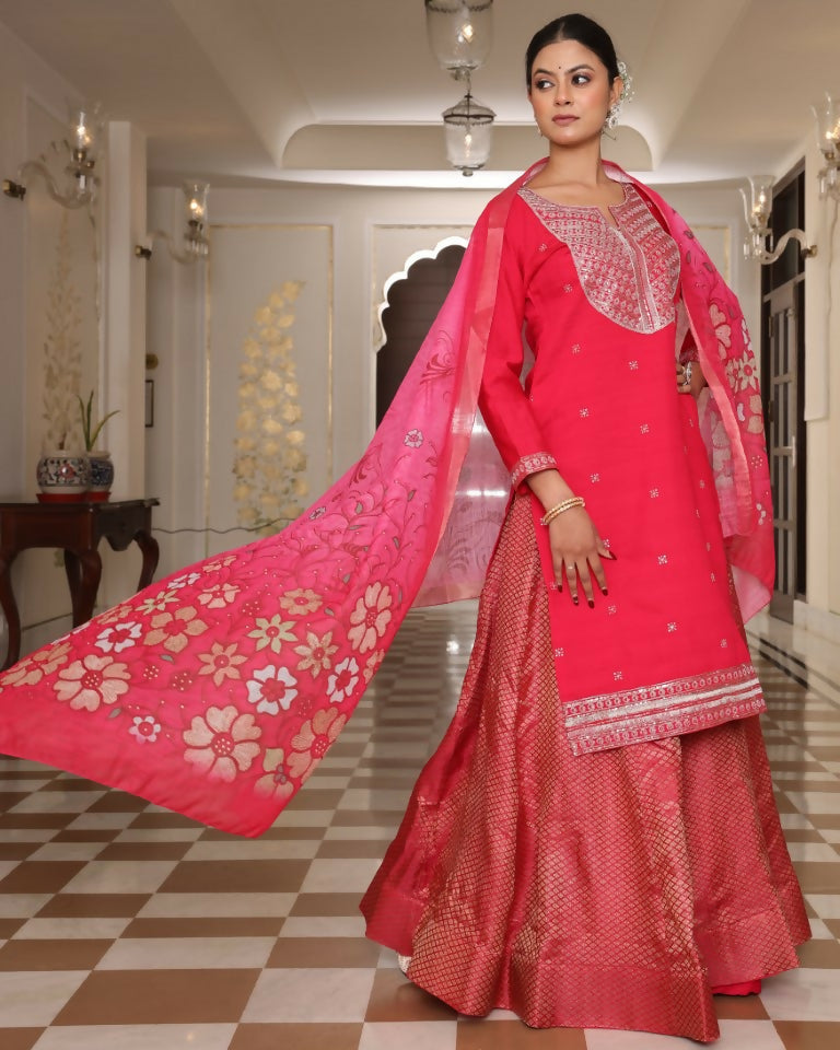 Jyoti Fashion Women's Pink Cotton Silk Floral Print with Embroidered Kurta Set | Grocsy